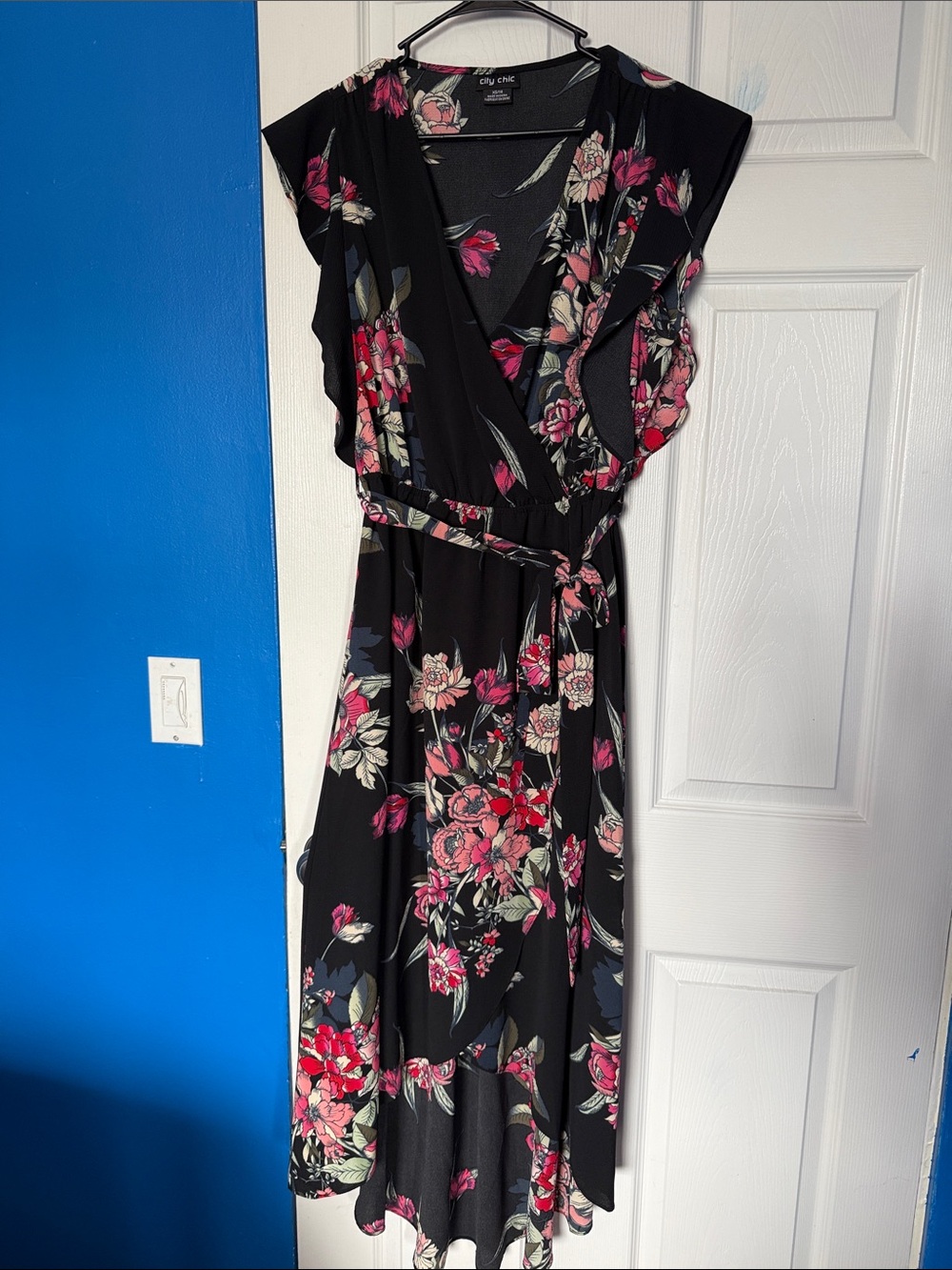 City Chic Black Floral Midi Dress with Pink and Cream Blooms